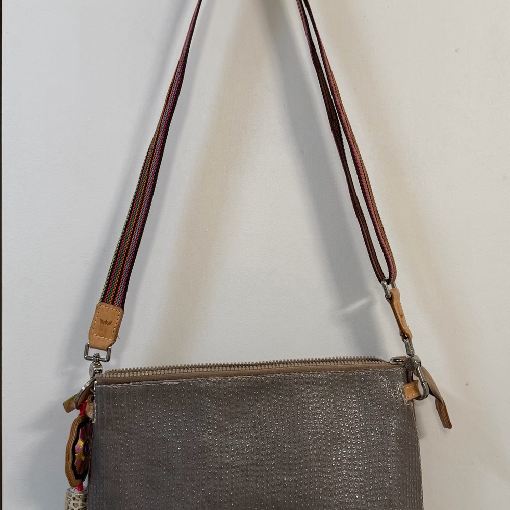 Taupe Leather Crossbody Bag with Colorful Woven Strap